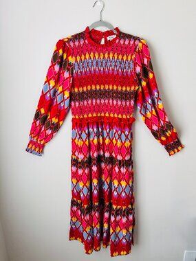 Avara Long Sleeve Smocked Midi Dress Womens L Colorful Geometric Pink Red Blue Y